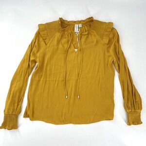 Joie Bohemian Peasant Satin Yellow Gold Long Sleeve Size S Tassel Tie Blouse